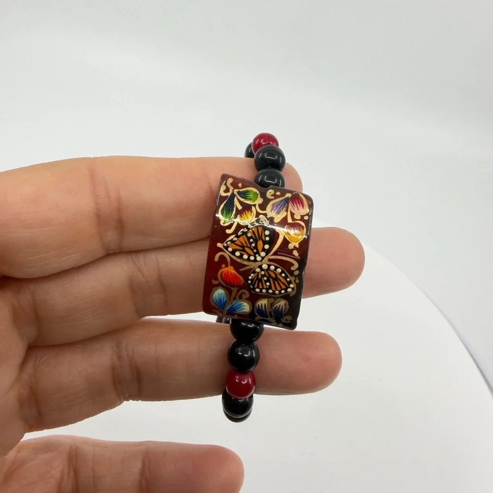 Hand Painted Butterfly Bracelet Black Red Beaded Adjustable Boho Artisan Gift